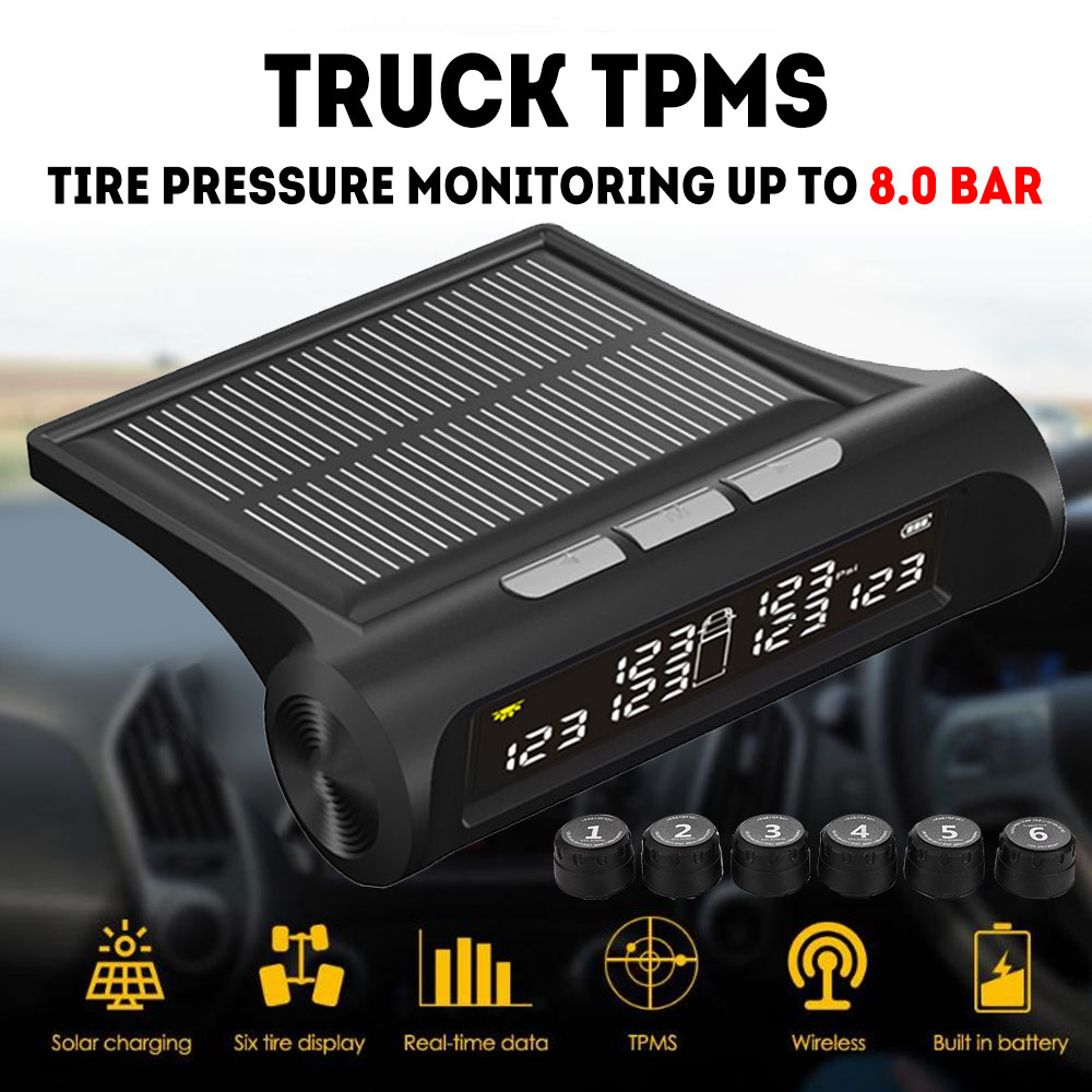 6-Wheel Auto Truck TPMS Wireless Tire Pressure Monitoring System 6PCS Tire Pressure Sensor Solar Charge Car TPMS Alarm Monitor