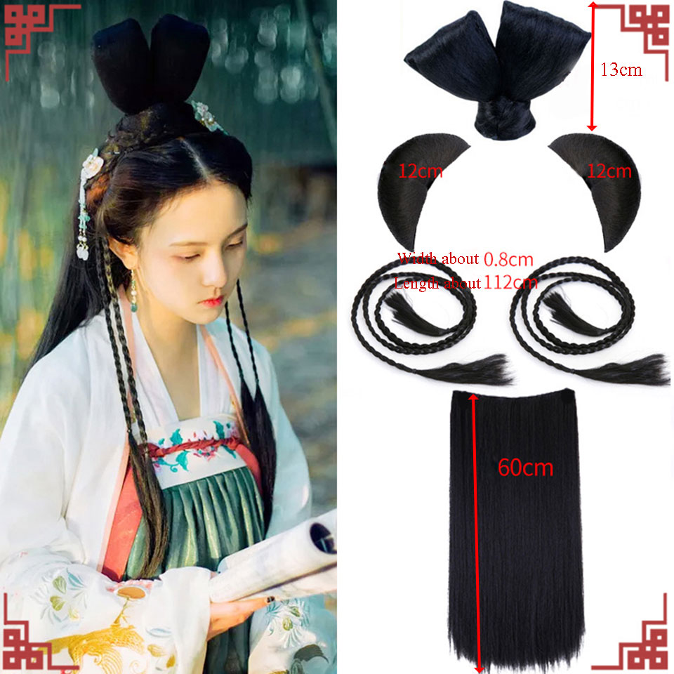 MEIFAN Chinese Traditional Retro Black Hair Chignon Synthetic Fake Hanfu Hair Bun Pad High Ancient Princess TV Cosplay Wig