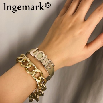 Ingemark 2Pcs/Set Punk Lover Letter Bracelet Bangles Women Fashion Aluminum Thick Chain Link Men's Bracelets Couple Jewelry 2019