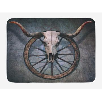 Barn Wood Wagon Wheel Doormat Wild West Themed Design with Bull Skull on Cart Wheel Scratched Wall Home Decor Floor Mat Rugs