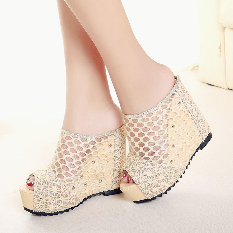 Summer Net yarn High heels 2020 New Women 12CM Wedges Sandals Platform Slippers Lace Increase Peep Toe Shoes Feminina Chaussures