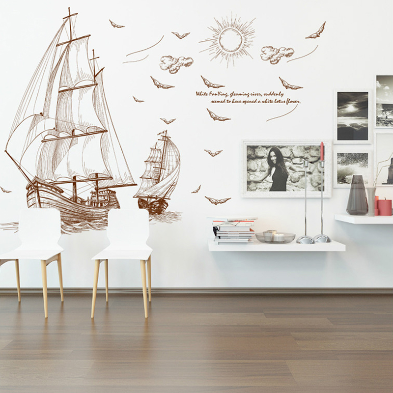 Large Sailboat Voyage Seabirds Landscape Wall Stickers Home Decor Living Room Bedroom Wallpaper Removable Vinyl PVC Wall Decals