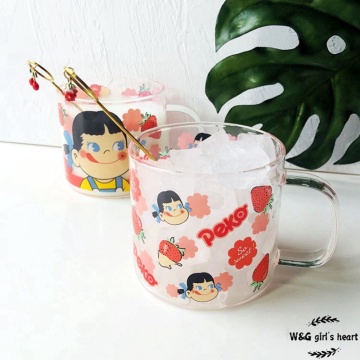 W&G Simple and lovely milk smiling sister glass cartoon cup breakfast cup girl heart strawberry drink cup heatproof cup