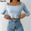 Casual Solid Knitted Ribbed Elastic Basic Cropped T-Shirt Women 2020 Autumn Harajuku Square Collar Long Sleeve T Shirt y2k Top