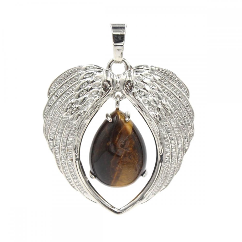 Gemstone Silver Alloy Wing Teardrop Gemstone Pendant Heart Shape Crystal Healing Reiki Wing Charm Pendant for DIY Jewelry making
