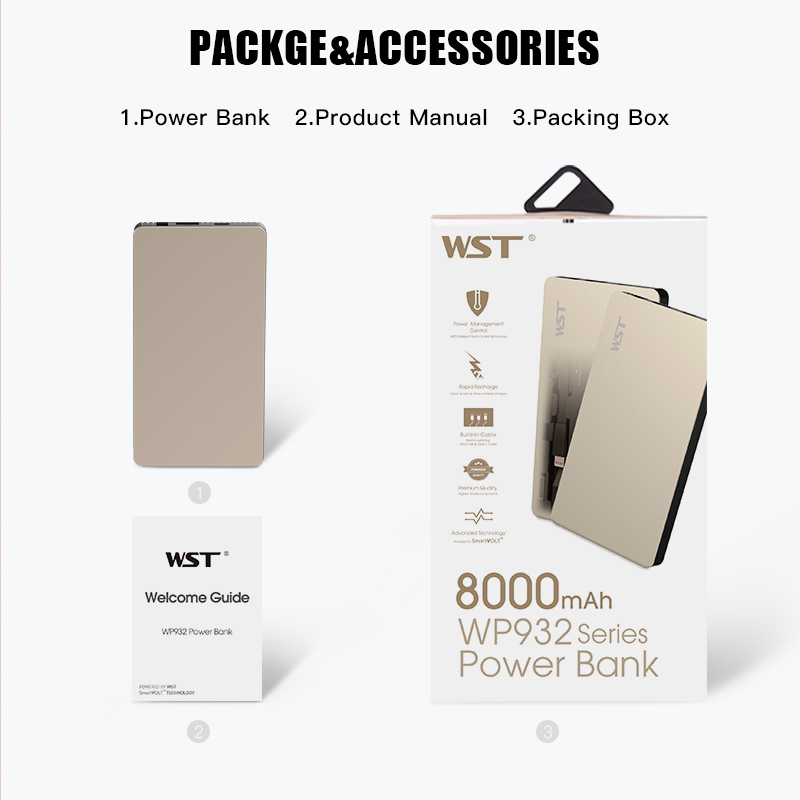 WST Original Brand Built In Cable Caricatore Portatile Ultra Thin Power Bank Gold Silver Business Style Portable Battery Pack