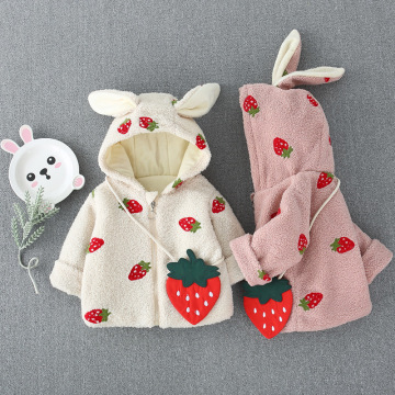 Newborn Baby Girls Fur Coat Cute Strawberry Embroidery 3D Ear Hooded Jacket Plus Velvet Warm Autumn Winter Coat Outfits 0-3years