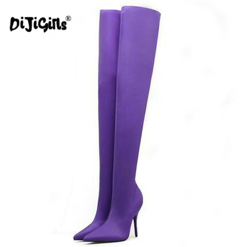 Drop ship NEW Spring/Autumn Sexy Thigh High Boot Satin Stretch Elastic Over The Knee Sky Slim High Heels Long Booties Shoes