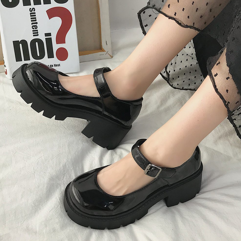 Fashion High Heels Women Pumps Black Patent Leather Platform Shoes Spring Ladies Mary Jane Shoes Women Buckle Strap Lolita Shoes