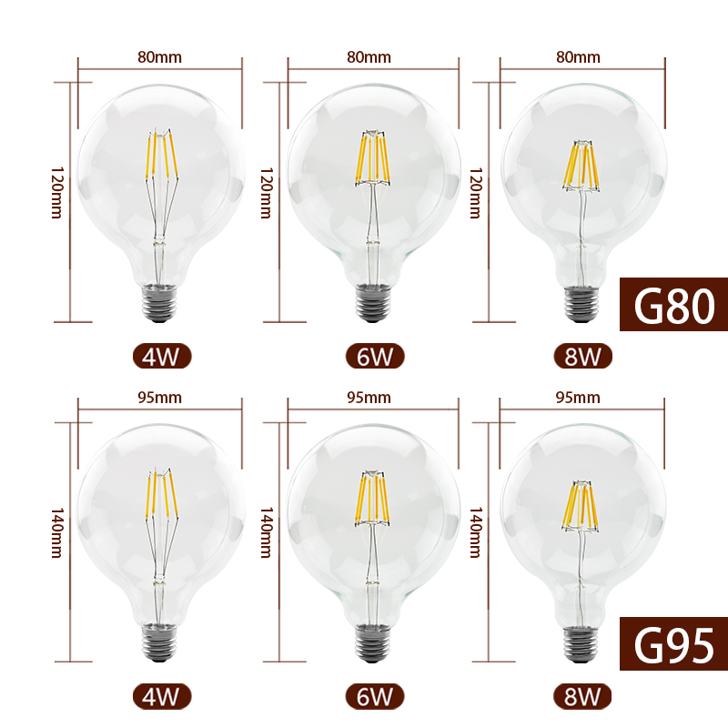 Led Filament Bulb G80 G95 G125 Big Light Bulb 4W 6W 8W Filament Led Bulb E27 Clear Glass Indoor Lighting Lamp AC220V Edison Bulb