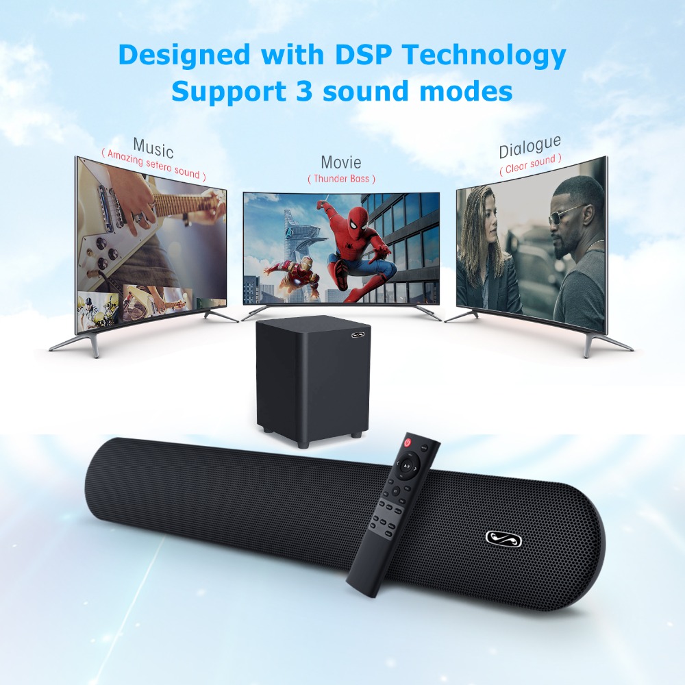 100W TV SoundBar 2.1 Wireless Bluetooth Speaker Home Theater System Subwoober 3D Surround Remote Control Wall Mountable