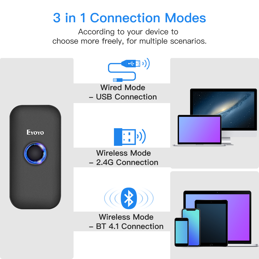 Eyoyo EY-009C Barcode Scanner CCD 2.4G Pocket BT Wired 3-in-1 Connection Modes Decoding Capability Mini Barcode Scanner Wireless
