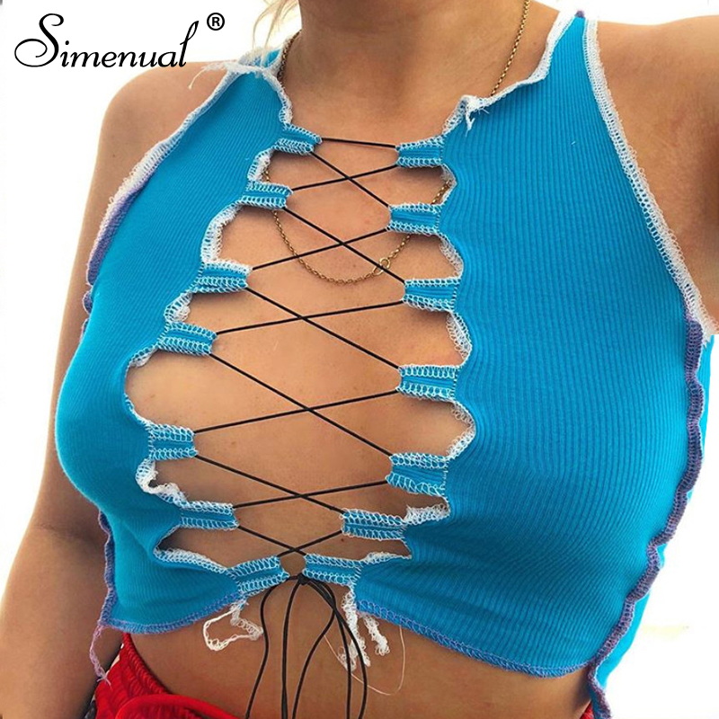 Simenual Hot Sexy Lace Up Ribbed Women Tank Tops Sleeveless Hollow Out Fashion Party Club Crop Top Summer 2020 Patchwork Tanks