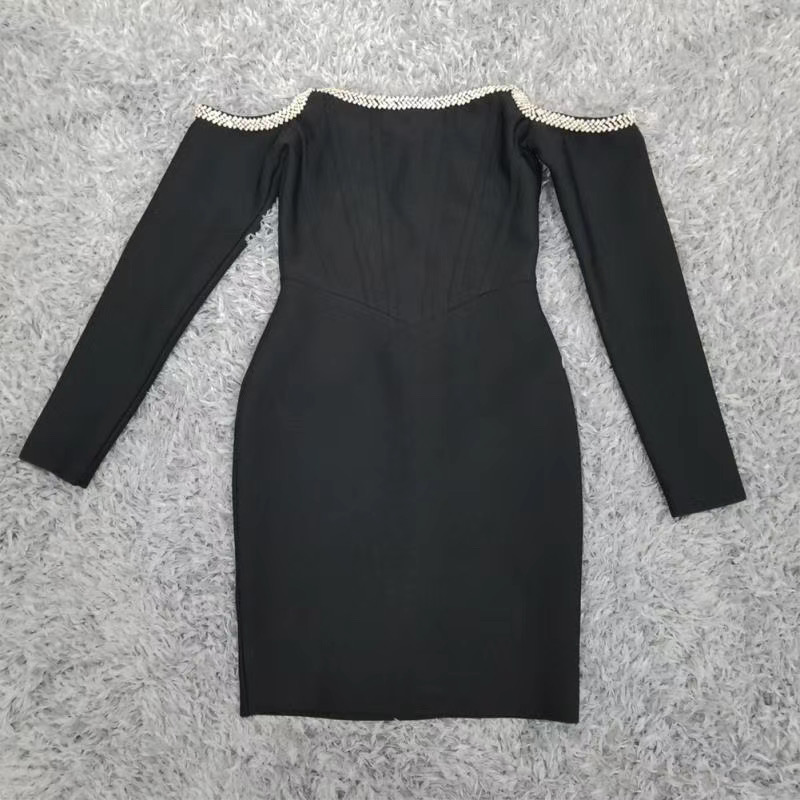 Women Winter Sexy Long Sleeve Off Shoulder Diamonds Black Bodycon Bandage Dress 2021 Elegant Evening Party Club Dress Vestidos