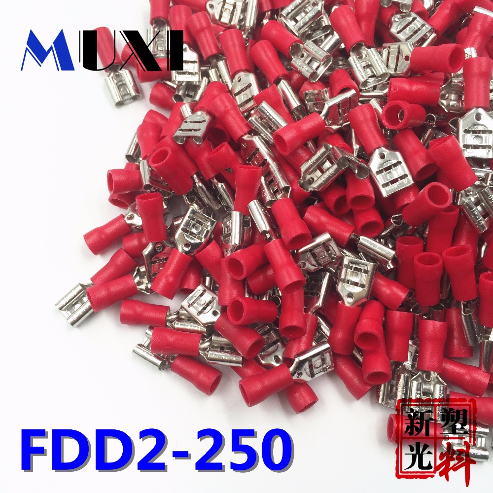 FDD2-250 Female Insulated Electrical Crimp Terminal for 1.5-2.5mm2 Connectors Cable Wire Connector 100PCS/Pack Red