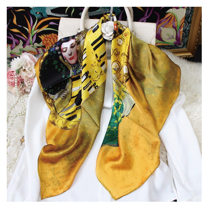 12MM 100% Real Silk Scarf Gustav Klimt Oil Painting Square Shawls and Wraps Luxury Der Kuss Print Bandana Foulard 90cm*90cm