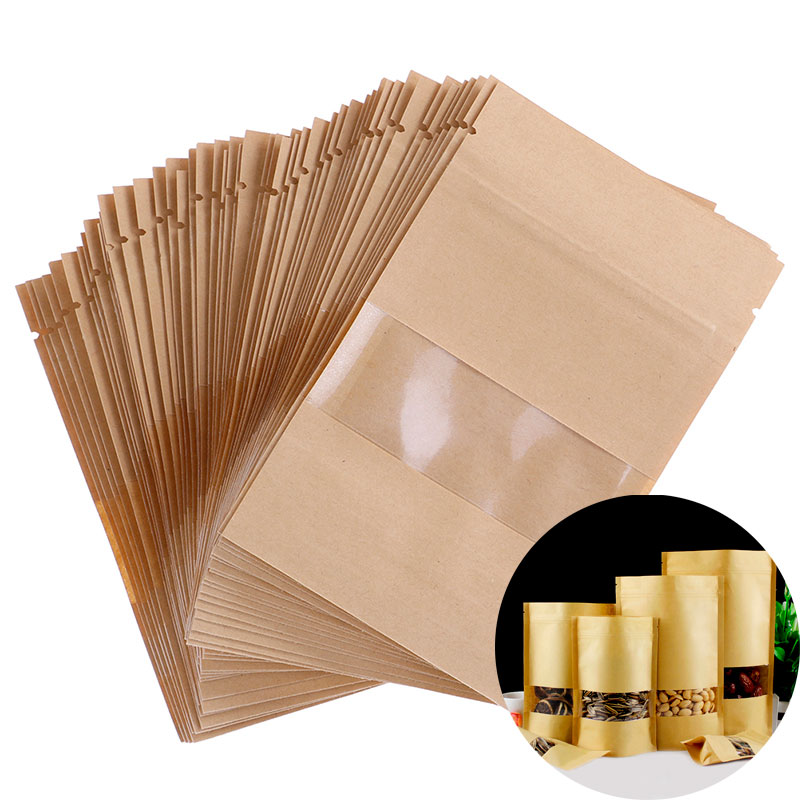 50pcs/lot Stand up zip lock kraft Gift paper bag with matte translucent window inside with PE kraft paper pouch new