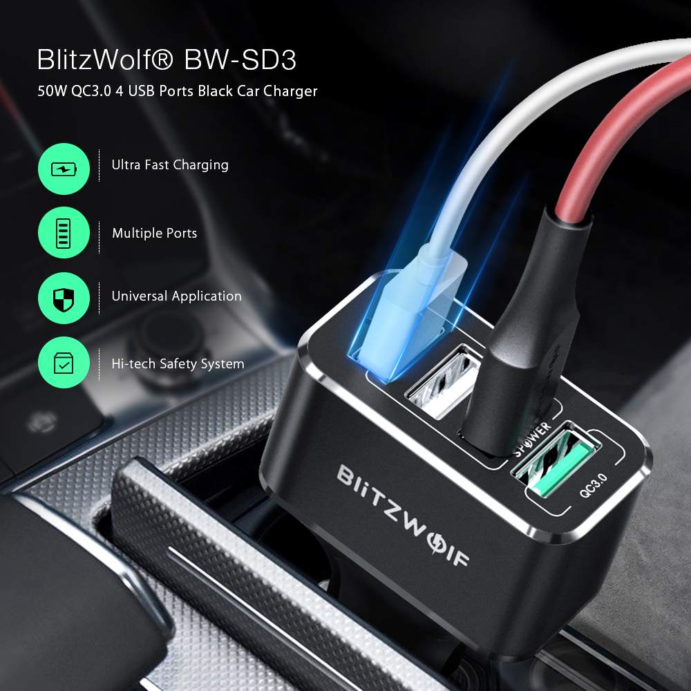 BlitzWolf USB Car Charger 4 USB Ports 50W QC3.0 Fast Charging For Mobile Phone TDC 12V-24V For iPhone X XR Xs For Xiaomi Mi8