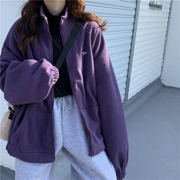 Women Zipper Pocket Jackets Letter Printed Long Sleeve Loose Lapel Jackets Plus Velvet Casual Autumn Winter Street Sweatshirts