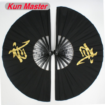 Bamboo Double Tai Chi Performance Fan Left And Right Martial Arts Fan Kung Fu Fans Black Cover Chinese Word Pattern