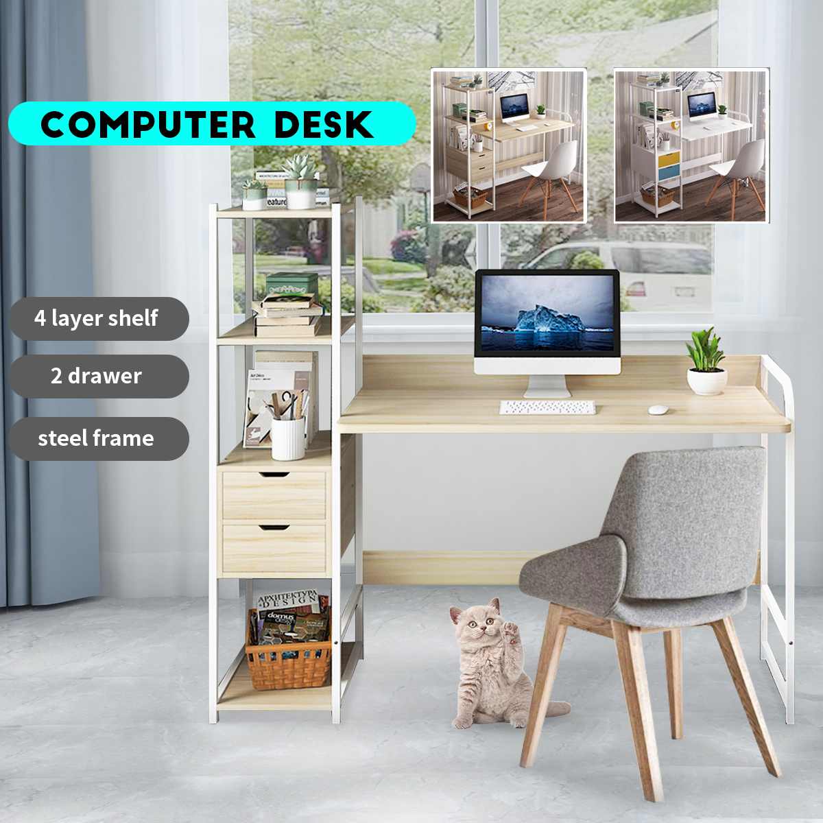 Large Wood Computer Desk Laptop Desk Writing Table Study Desk with Drawers Shelves Office Furniture PC Laptop Workstation Home