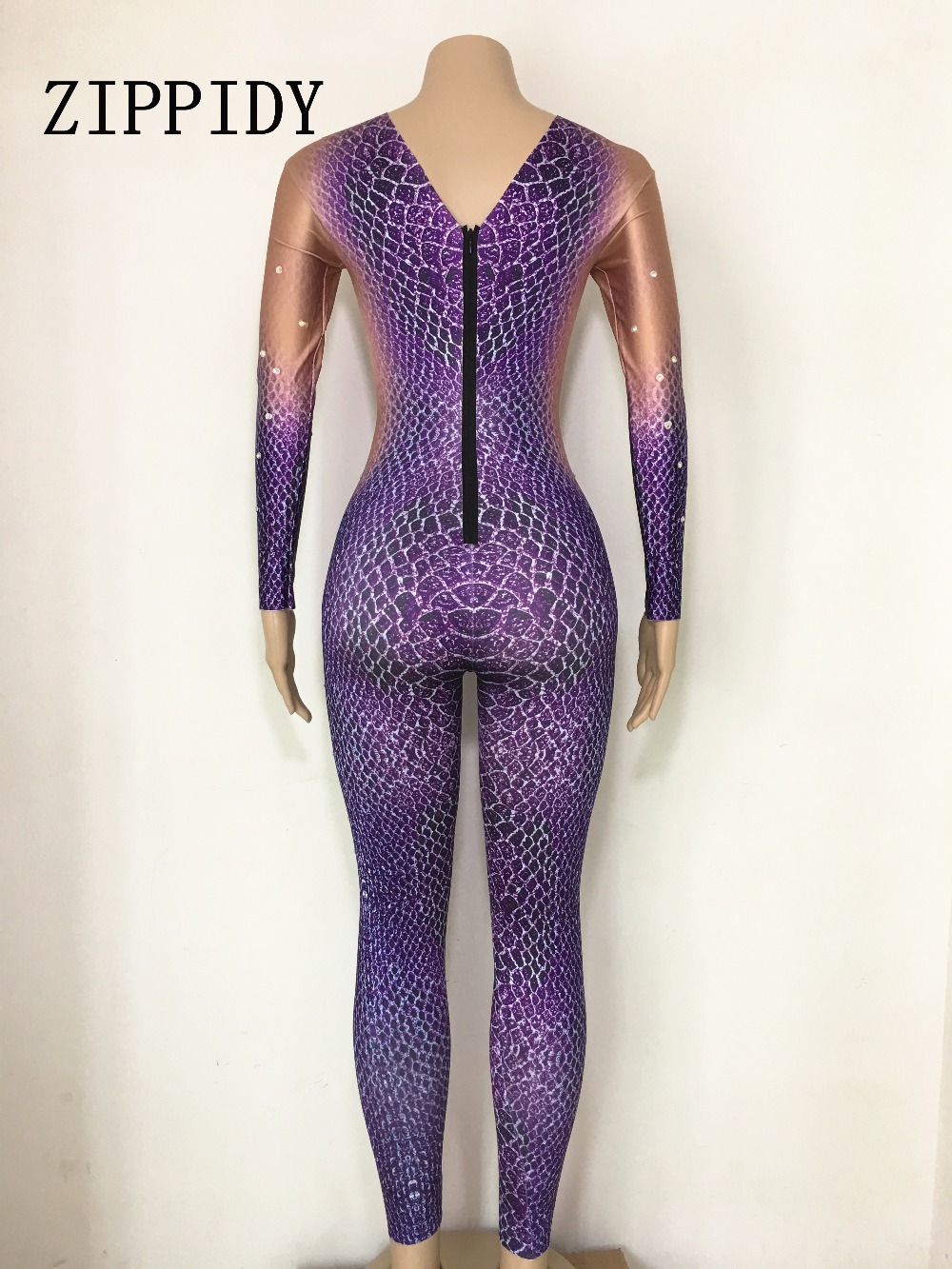 Purple Crystals Printed Snake Jumpsuit Party Stage Wear Sexy Rompers Costume Women's Performance Party Celebrate Bodysuit Outfit