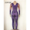 Purple Crystals Printed Snake Jumpsuit Party Stage Wear Sexy Rompers Costume Women's Performance Party Celebrate Bodysuit Outfit