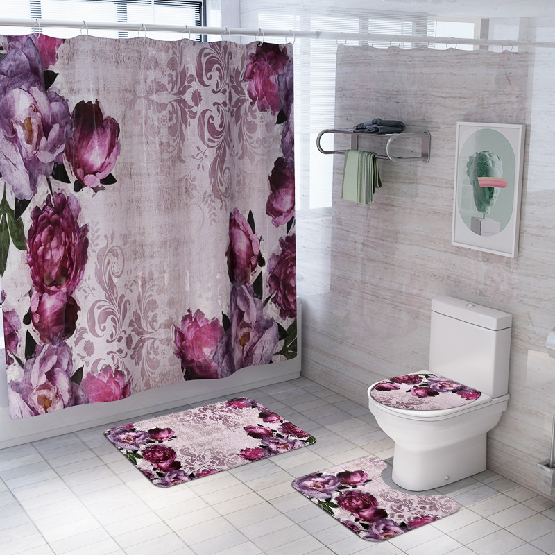 Zeegle Retro Floral Toilet Rug Set Shower Curtain Bath Mat Set Non Slip Bathroom Carpet Toilet Floor Mat Toilet U-Shape Bath Mat