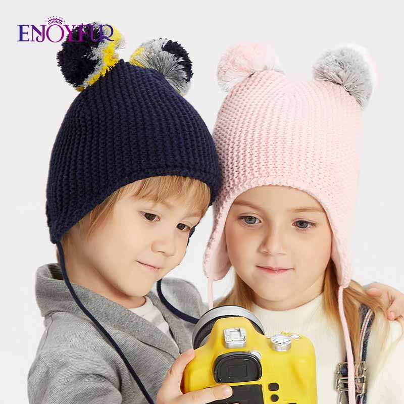 ENJOYFUR Fox Fur Pompom Kids Winter Hats For Girl Boy Warm Fleece Lined Children Knit bonnets New Autumn Cute Baby Ear Beanies