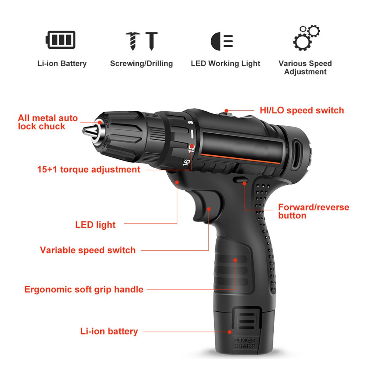12V Brushless Electric Hammer Drill Electric Screwdriver 30Nm15-Speed torque Cordless Impact Drill Power Tool for Makita Battery