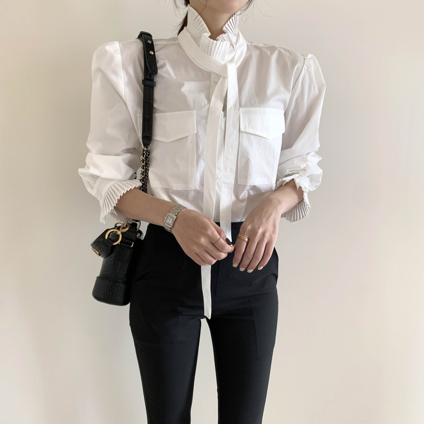 Women Blouses Pleated Lace Up Stand Collar Solid Color Double Pockets Petal Sleeve Femme Blusas Autumn New Women Shirts PL402