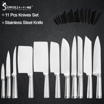Sowoll 11PCS Chef Knives Set Stainless Steel Full Tang Blade Chopping Boning Santoku Slicing Knife Cooking Tools Set Fish Bone
