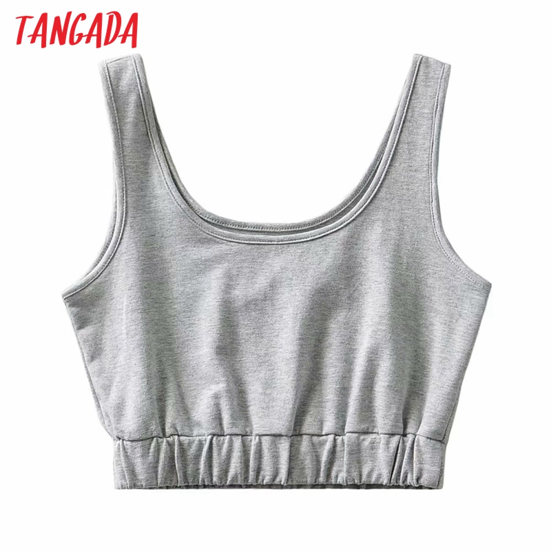 Tangada women gray tank crop top sleeveless backless short blouses shirts female casual solid tops TM1