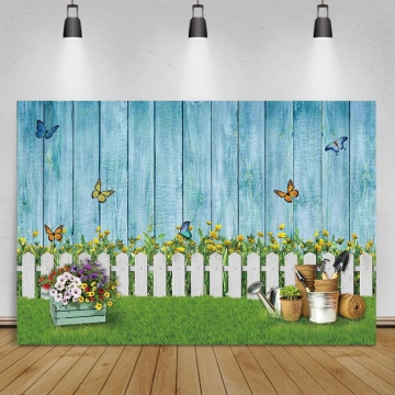 Easter Background Blue Wood Wall Fence Spring Green Grass Potted Flower Baby Kid Portrait Photography Backdrop For Photo Studio