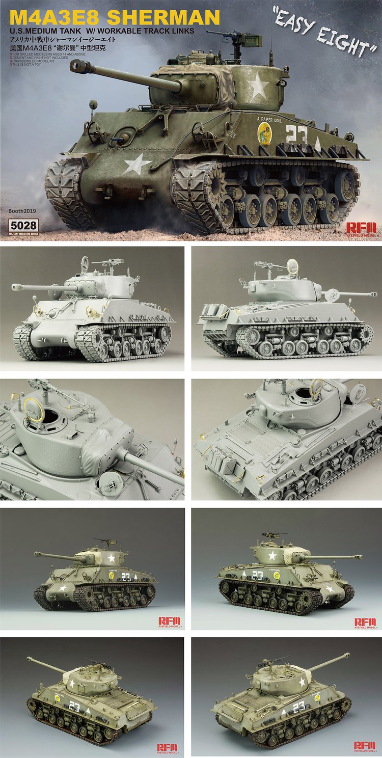 Rye Field RM-5028 1/35 US M4A3E8 Sherman with Workable Track Links Medium Tank Display Toy Plastic Assembly Building Model Kit