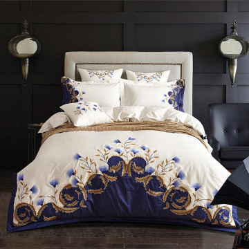 US King Queen size Chic Embroidered White Blue Luxury Bedding set 60S Egyptian Cotton bed sheet set Duvet cover Pillowcase