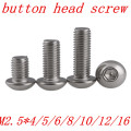 50PCS ISO7380 M2.5*4/5/6/8/10/12/16/20 2.5mm Stainless Steel Hexagon Socket Button Head Screw