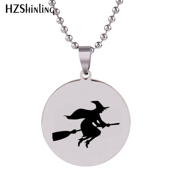 2018 New Witch On A Broom Pendant Round Hand Craft Stainless Steel Necklace Art Jewelry Ball Chain Gifts For Men HZ7