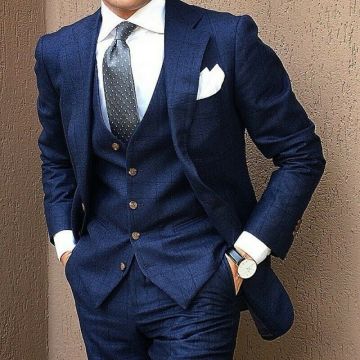 British Style Navy Blue Suits For Men Wedding Wear Formal Groom Tuxedos Plaid Suits Three Pieces