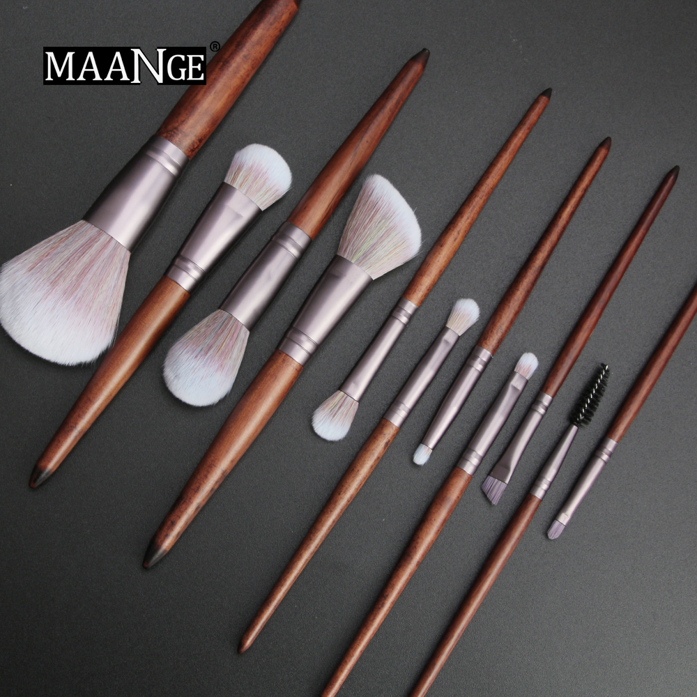 MAANGE 11Pcs Makeup Brushes Set Cosmetic Foundation Powder Blush Eye Shadow Lip Blend Wooden Make Up Brush Tool Kit Maquiagem