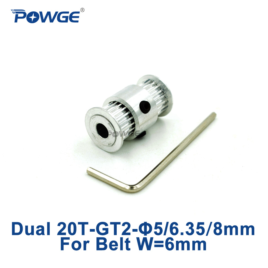 POWGE Ultimaker2 DIY Dual 20 Teeth GT2 Timing Pulley Bore 5mm 6.35mm 8mm Double side Gear Width 6mm 2GT belt 20T 20teeth 1pcs
