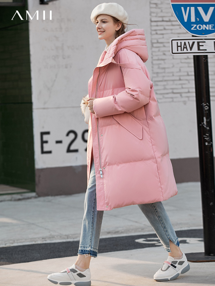 Amii Winter 90% White Duck Down Coat Elegant Solid Loose Hooded Female Mid Long Down Coat Tops 11930404