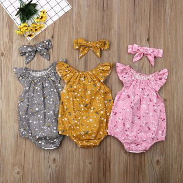 2019 Children Summer Clothing Newborn Infant Baby Girl Clothes Sleeveless Floral Bodysuit Headband 2PCS Jumpsuit Playsuit Outfit