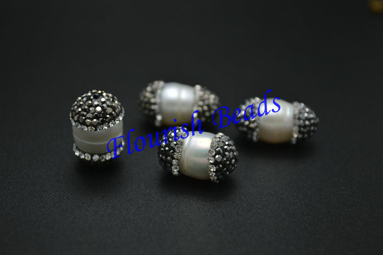 Paved Black Crystal Beads on Two Side White Fresh Water Pearl Potato Oval Shape Beads