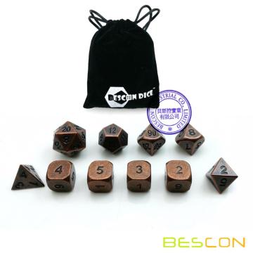 Bescon 10pcs Set Antique Copper Solid Metal Polyhedral D&D Dice Set, Old Copper Metal RPG Role Playing Game Dice 7+3 Extra D6s'
