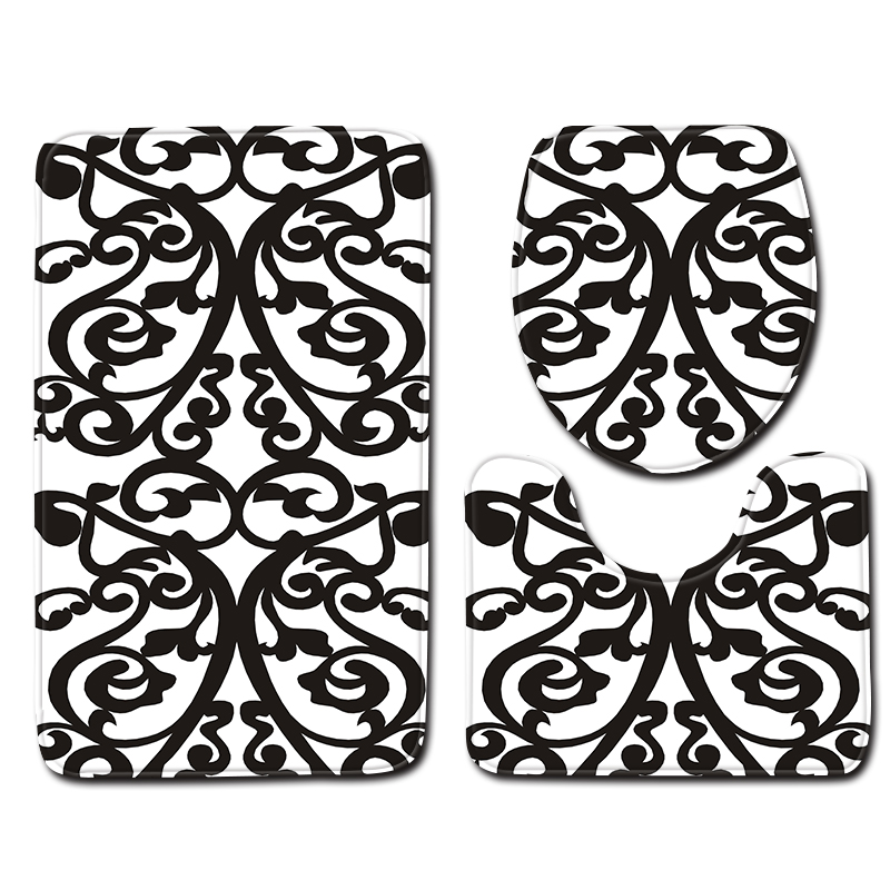 Nordic White Black Flower Toilet Bath Mat Carpet Rug Sets Bathroom Shower Room Carpets Flannel Anti Slip 3 Pieces Bath Mat Sets