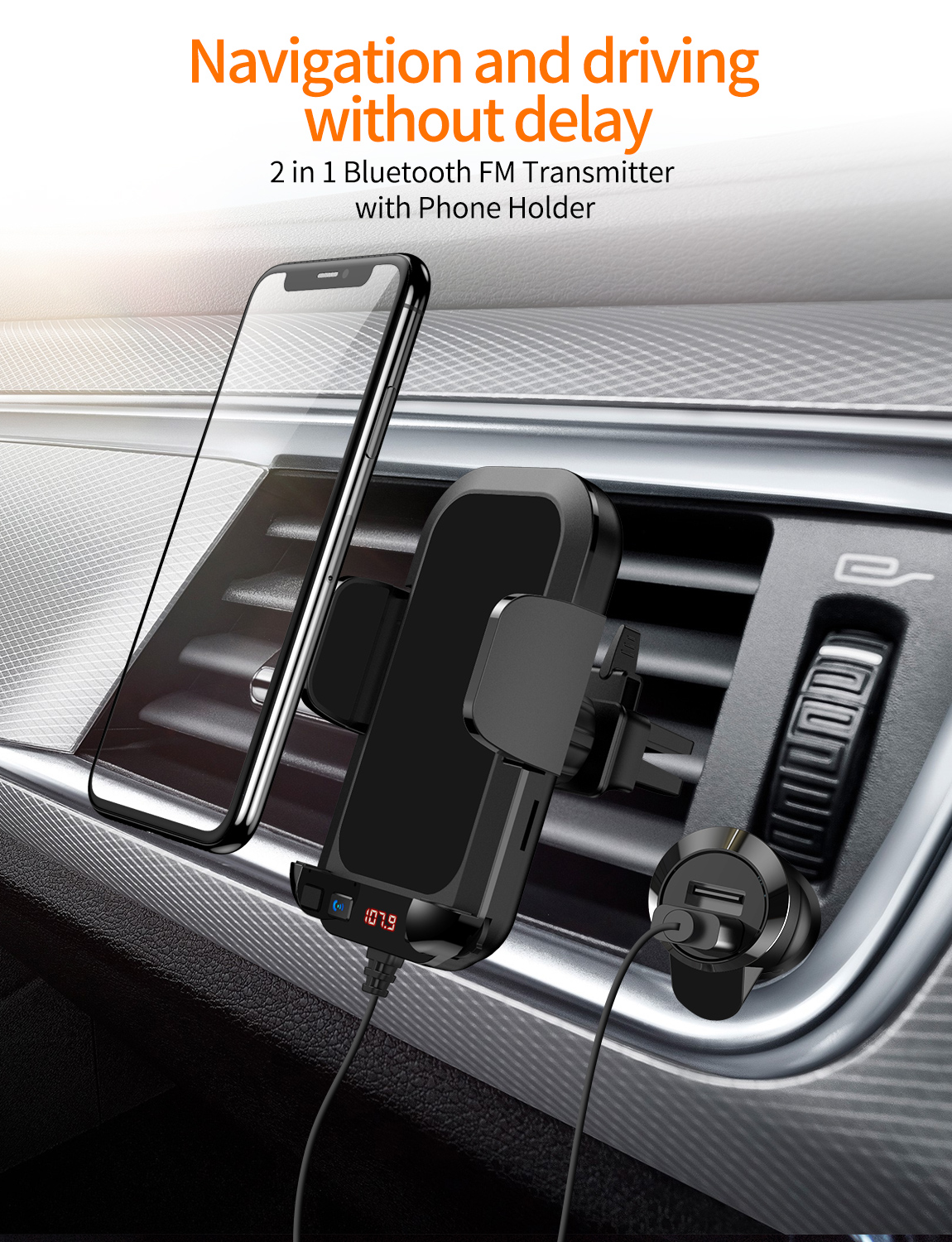 2021 Bluetooth 5.0 FM Transmitter w/Phone Holder Car MP3 Player Handsfree Car Kit Support TF Card U Disk AUX Music Player