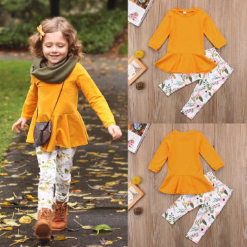 2Pcs Toddler Kids Girls Clothing Set Long Sleeve Solid T shirt Tops Dress Floral Pants Child Fashion Outfits