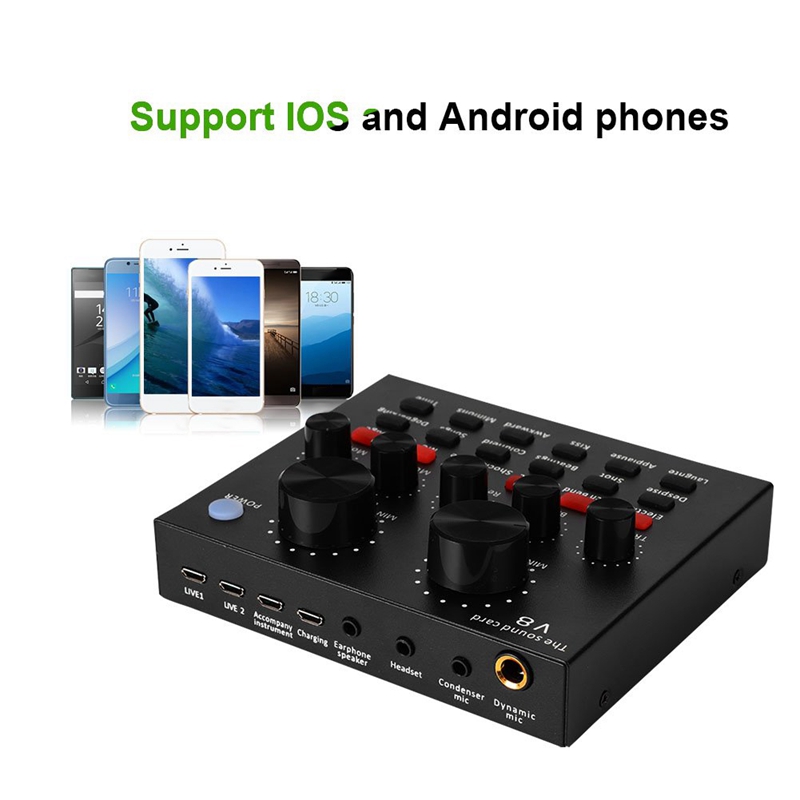 V8 Sound Card Audio Set Interface External Usb Live Microphone Sound Card Bluetooth Function for Computer Pc Mobile Phone