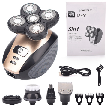 5 In 1 4D Men's Rechargeable Bald Head Electric Shaver 5 Floating Heads Beard Nose Ear Hair Trimmer Razor Clipper Facial Brush